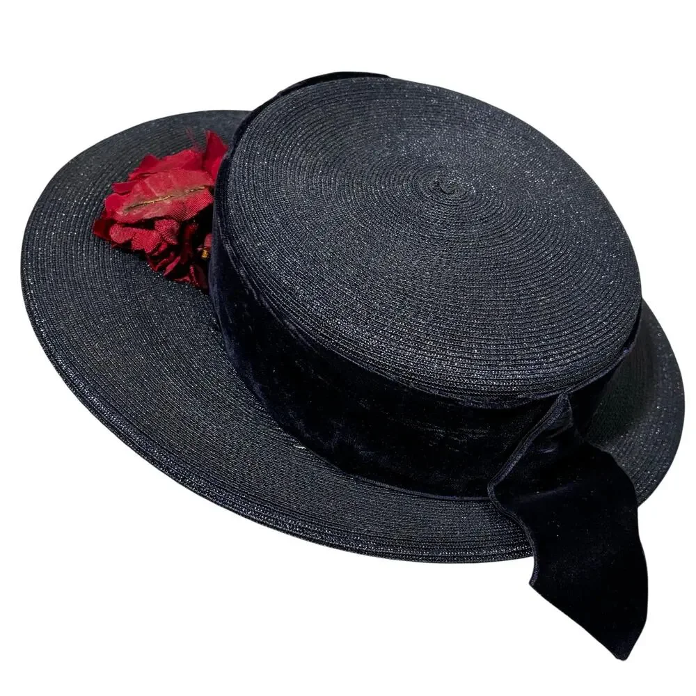 Vintage boater style ladies hat navy blue & faded red flower on velvet hatband - Picture 3 of 9